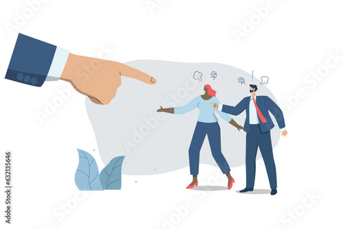 Tensed argument of angry employees. different thought, disagreement or opposite way, Conflict between colleagues and big hand, Vector design illustration.