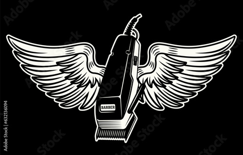 Electrical hair clipper with wings vector illustration in vintage tattoo style on black background