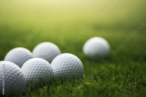 Set of or group of white metal golf ball, close-up, green grass area background