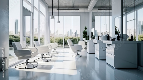 White beauty salon with panoramic windows. Generative AI technology.