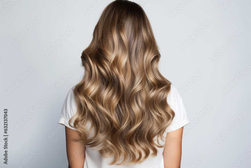 A Woman With Balayage Highlights Hair On A White Background A Woman With Balayage Highlights Hair On A White Background