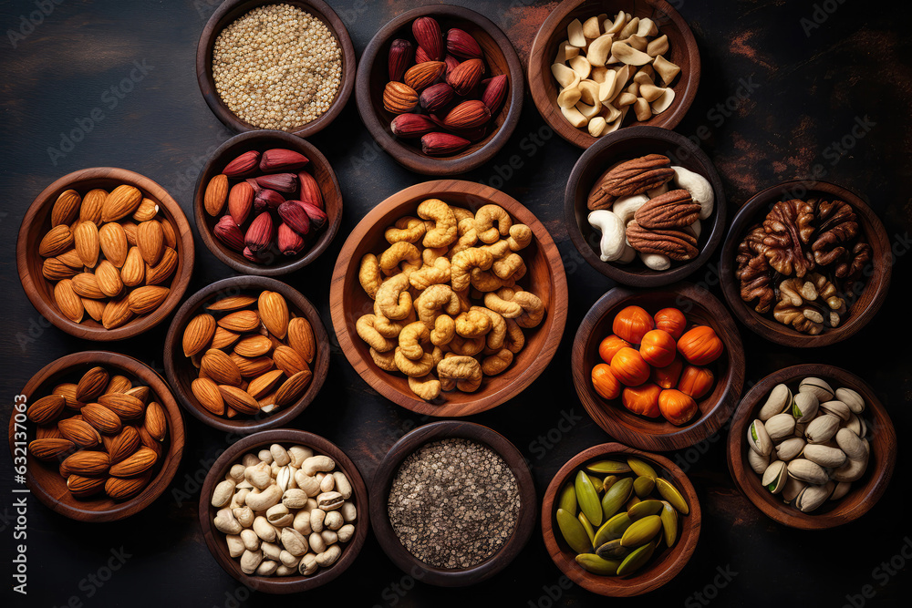 Variety Of Wholesome Nuts And Seeds In Wooden Bowls, Top View Variety Of Wholesome Nuts And Seeds In Wooden Bowls, Top View