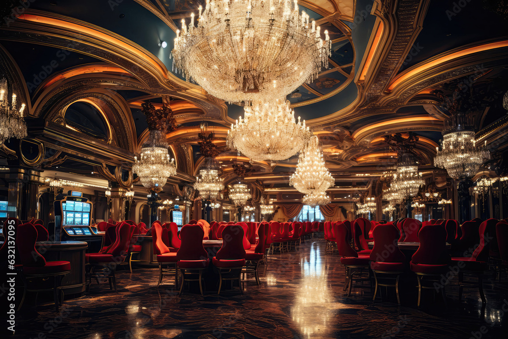 Casino Interior With Glamorous Chandeliers And Luxurious Decor