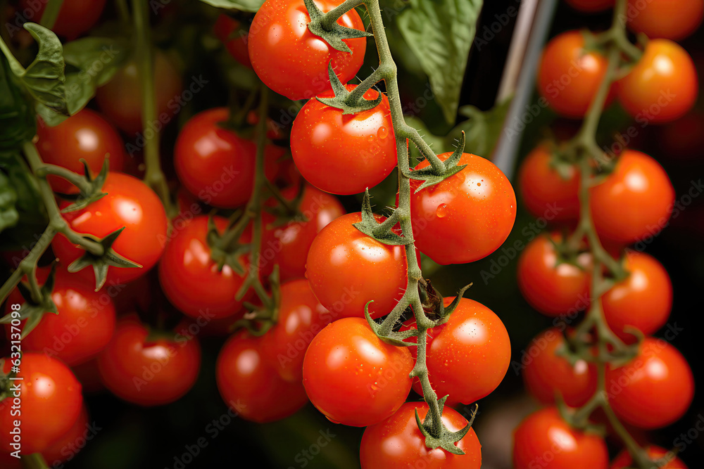 Closeup Of Succulent Cherry Tomatoes On The Vine, Top View