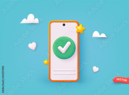Smartphone with green check mark on mobile application. To do list, time and task management, done. 3D Vector Illustrations.