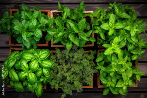 Aromatic Herbs Like Basil, Mint, And Cilantro In Planters, Top View photo