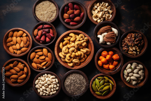 Variety Of Wholesome Nuts And Seeds In Wooden Bowls, Top View