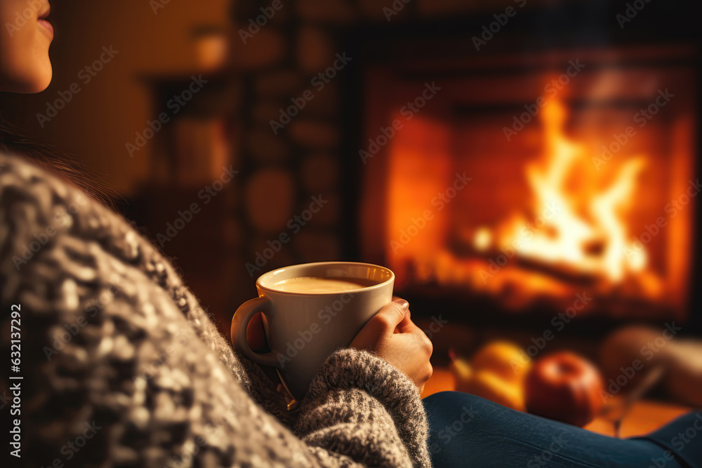 Woman Enjoys Pumpkin Spice Latte By Cozy Autumn Fireplace