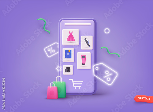 Online shopping on application and website concept, digital marketing online, shopping cart. 3D Vector Illustrations.