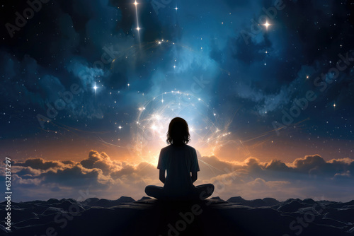 Silhouette Of Meditator Woman Against The Backdrop Of Space