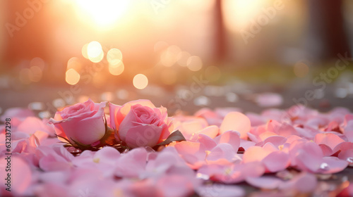 Fototapeta Naklejka Na Ścianę i Meble -  Photo with pink rose petals with and dreamy defocus background