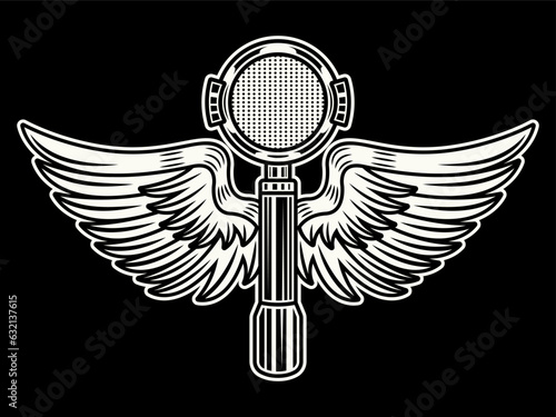 Portafilter with wings, espresso machine part vector illustration in black and white style on dark background