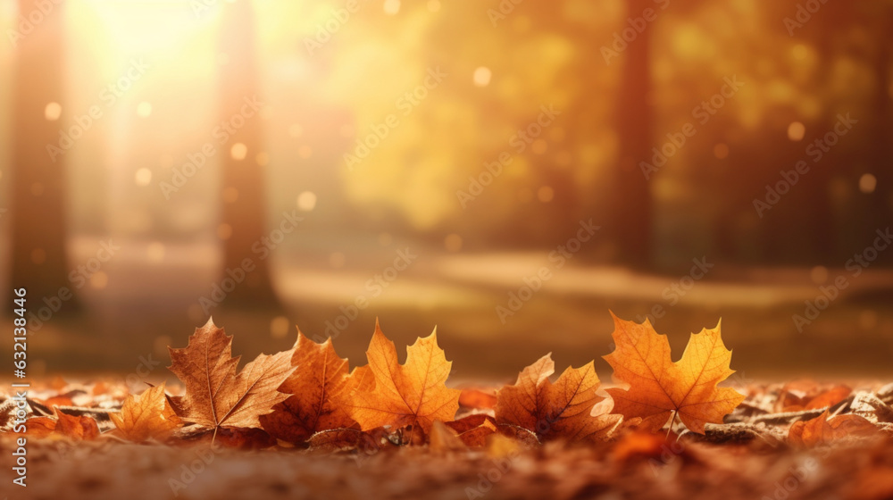 Ambiance automnale, feuilles mortes, rouges, oranges, jaunes, dorés sur le sol. Arrière-plan de flou et ensoleillé, scintillant. Automne, forêt. Pour conception et création graphique