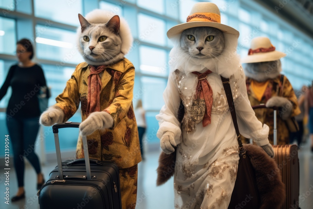 Cats are traveling, human bodies. Beautiful illustration picture. Generative AI