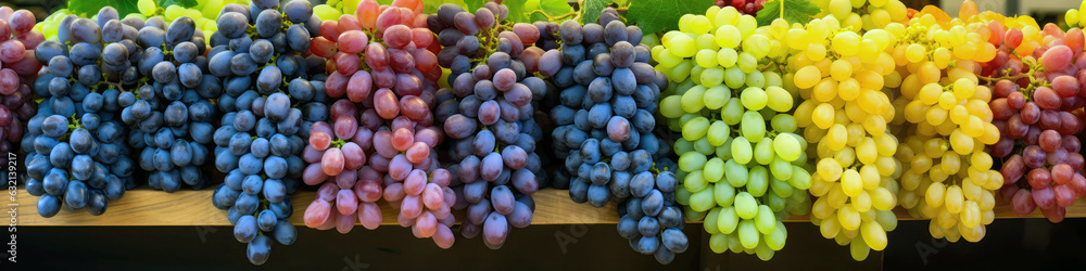 Farmers Market Display, Showcasing Rainbow Of Grape Varieties. Panoramic Banner Farmers Market Display, Showcasing Rainbow Of Grape Varieties. Panoramic Banner