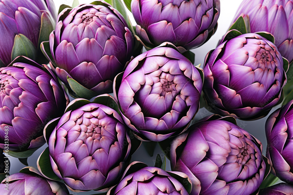 Fototapeta premium Purple Artichokes Closeup On White Background Pattern