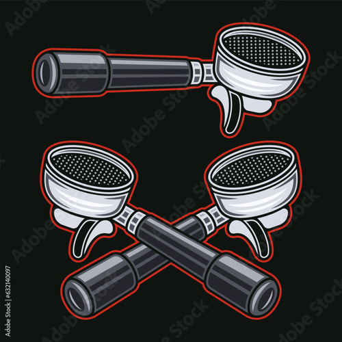 Portafilter espresso coffee machine part vector objects in colored style on dark background
