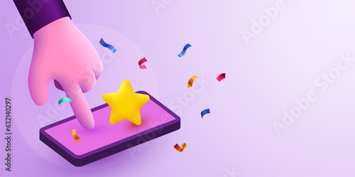 User puts an excellent rating in the mobile application. Cartoon hands with smartphone and rating star.