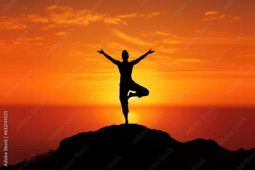 Silhouette Of Yogi Performing Warrior Pose Sunset Glow