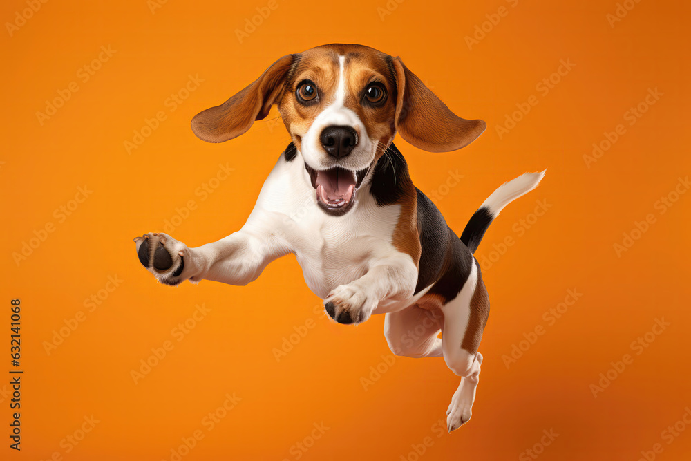 Very Happy Beagle Dog In Jumping, In Flight On Orange Background