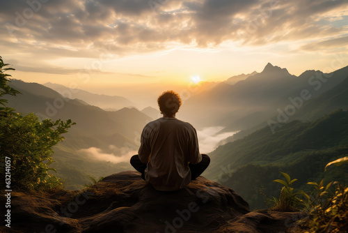 Serene Yogi Atop Lush Mountain  Greeting The Sunrise