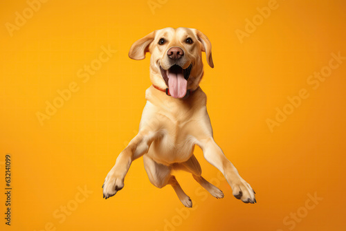 Very Happy Labrador Retriever Dog In Jumping, In Flight On Orange Background © Anastasiia