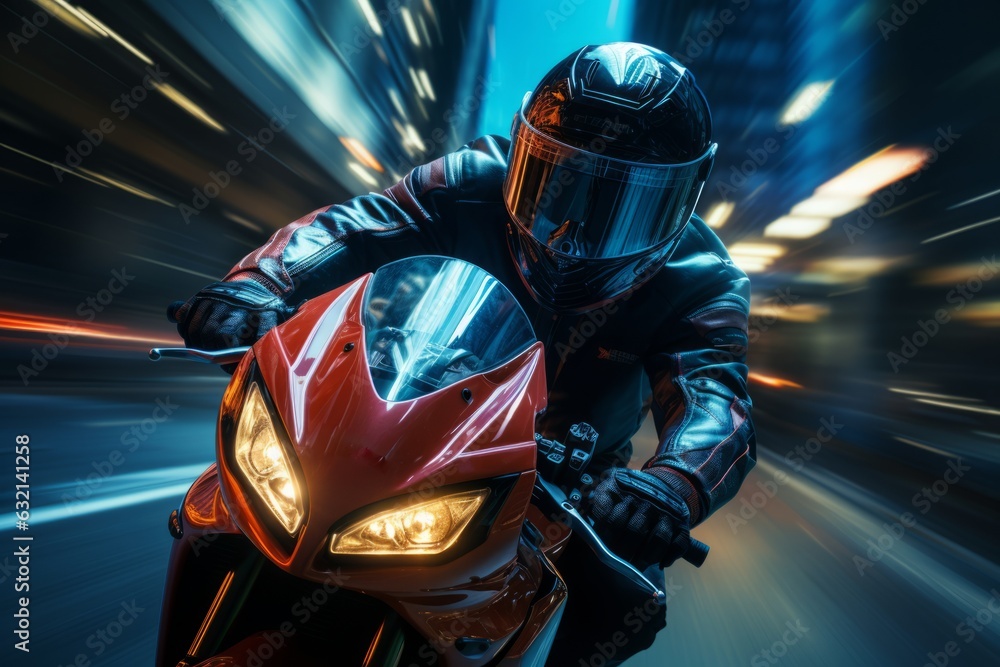 Close up image of motorcycle rider in motion. Beautiful illustration picture. Generative AI Close up image of motorcycle rider in motion. Beautiful illustration picture. Generative AI