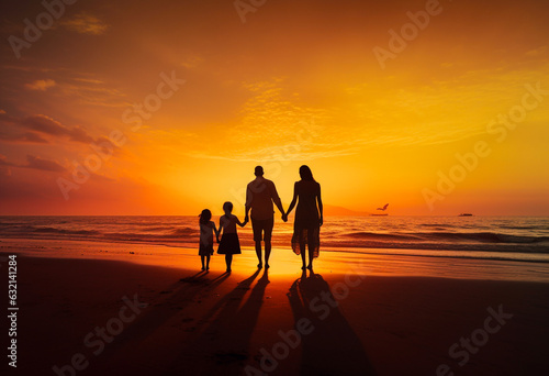 Family silhouette standing at the beach sunset  father  mother  daughter  walk  have fun at beautiful beach. Generative AI.