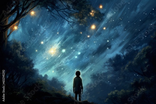 Person is looking at sky with twinkling stars. Beautiful illustration picture. Generative AI