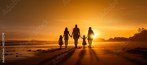 Family silhouette standing at the beach sunset, father, mother, daughter, walk, have fun at beautiful beach. Generative AI. © toodlingstudio