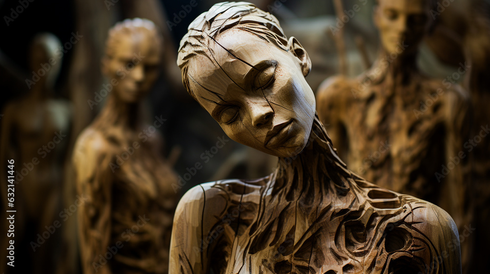 The art of woodcarving, carved image of a woman's face. picture of art design. Generative AI.