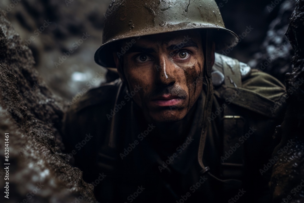 Military soldier in a trench. Beautiful illustration picture. Generative AI