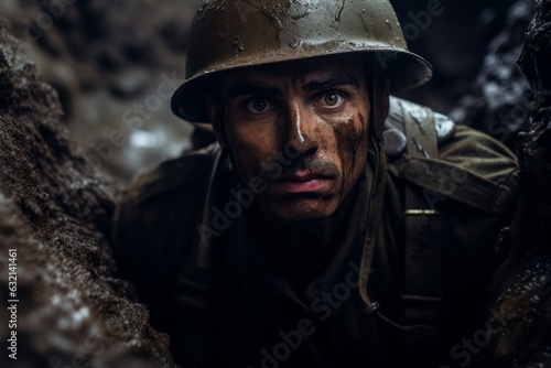 Military soldier in a trench. Beautiful illustration picture. Generative AI