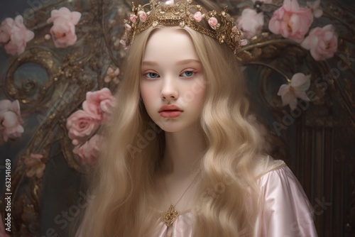 Young girl wearing tiara. Beautiful illustration picture. Generative AI