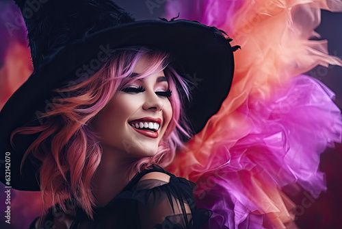 Portrait of a girl wearing Halloween costume of a witch and Halloween make up
