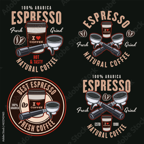 Espresso coffee set of vector emblems, logos, badges or labels. Illustration in colored style on dark background