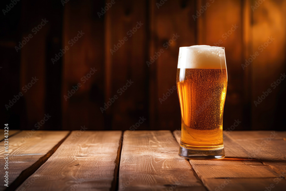 Frothy Beer Glass On Wooden Table. Space For Text