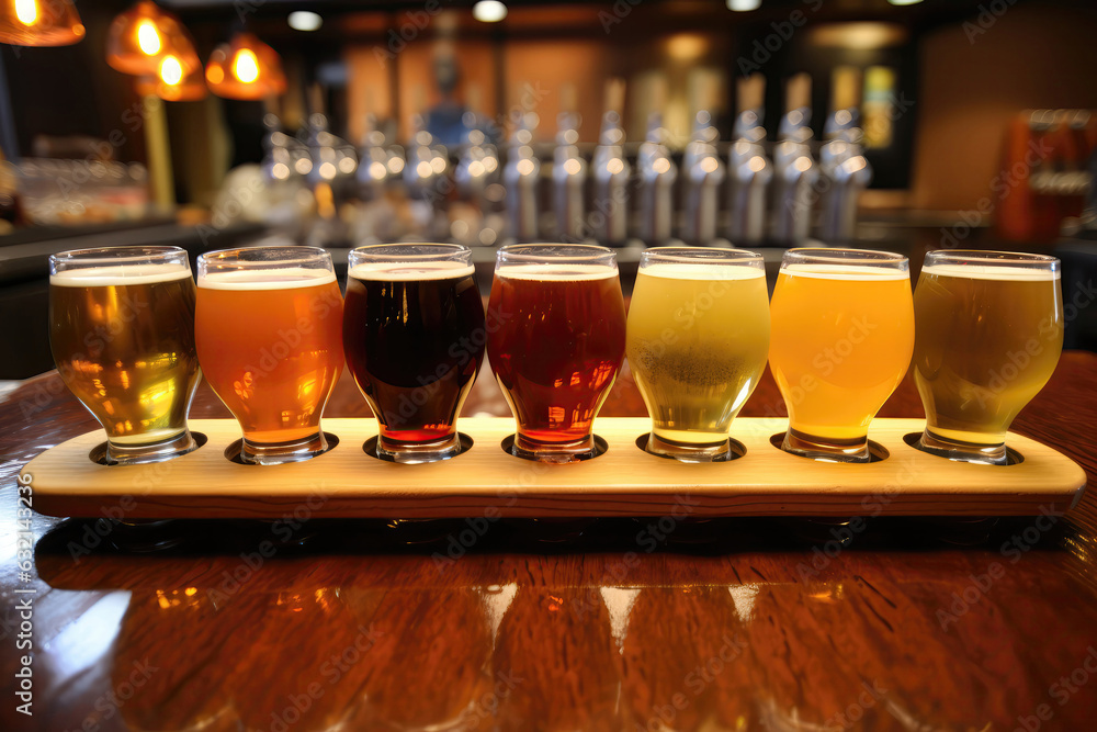Fotografie Flight Of Beer Samples Ready For Tasting