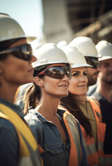 Women construction workers and architects together in hard hats. workers for safety. USA Labor Day celebration. Generative AI.