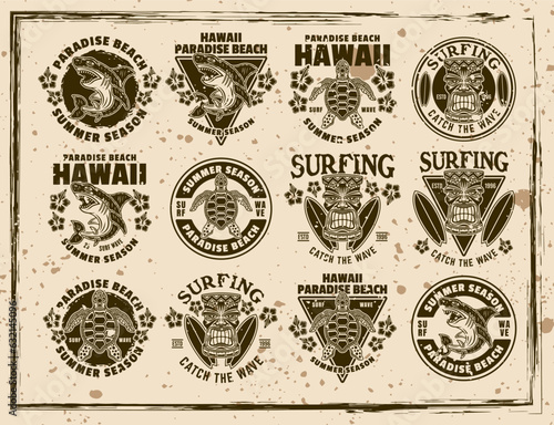 Surfing and summer vacation set of vector emblems, labels, badges or t-shirt prints in vintage style on dirty background with stains and grunge textures