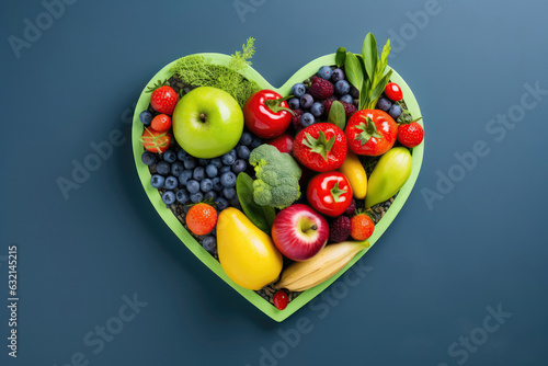 Obraz na plátně Heartshaped Plate With Fruits And Vegetables On Blue Background, Top View