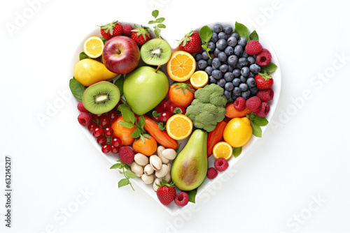 Heartshaped Plate With Fruits And Vegetables On White Background  Top View