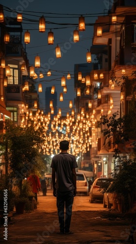 street photography view of illuminated homes and streets during the Diwali festival © For