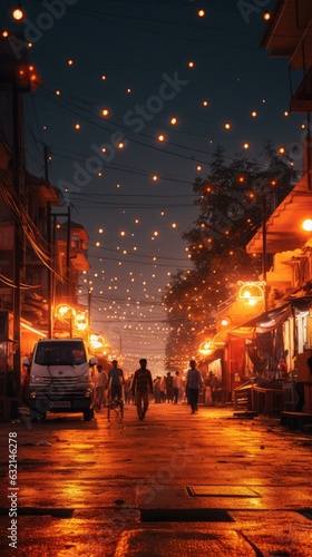 Canvas Print street photography view of illuminated homes and streets during the Diwali festi