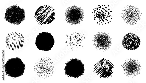 Black round stipple texture element collection. Set of abstract spot engraving effect. Round dot spray and grunge texture