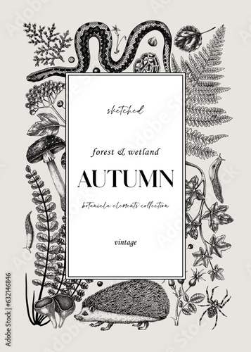 Forest vector greeting card and invitation. Hand-drawn autumn plants, fall leaves, mushrooms, ferns, woodland animals sketches. Decorative autumn background in vintage style for banner, print, wedding