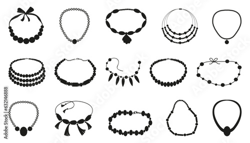 Black necklace icon collection. Set of jewelry necklaces. Beauty necklace element collection