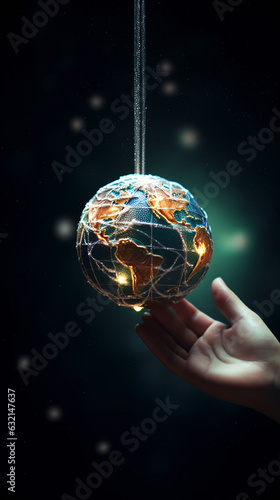 Generative AI, a hand holds a Christmas tree toy in the shape of a globe, new year, peace symbol, postcard, planet earth photo