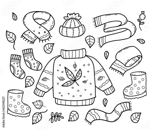 Cozy autumn doodles. Knitted clothes sweater, scarf, hat, socks and rubber boots with autumn leaves. Vector illustration. Isolated outline hand drawing
