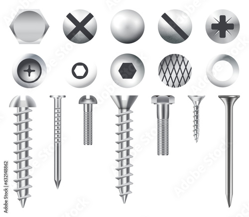 Realistic metal fasteners screw and rivets collection. Set of bolt and screw. Realistic self-tapping bolts collection